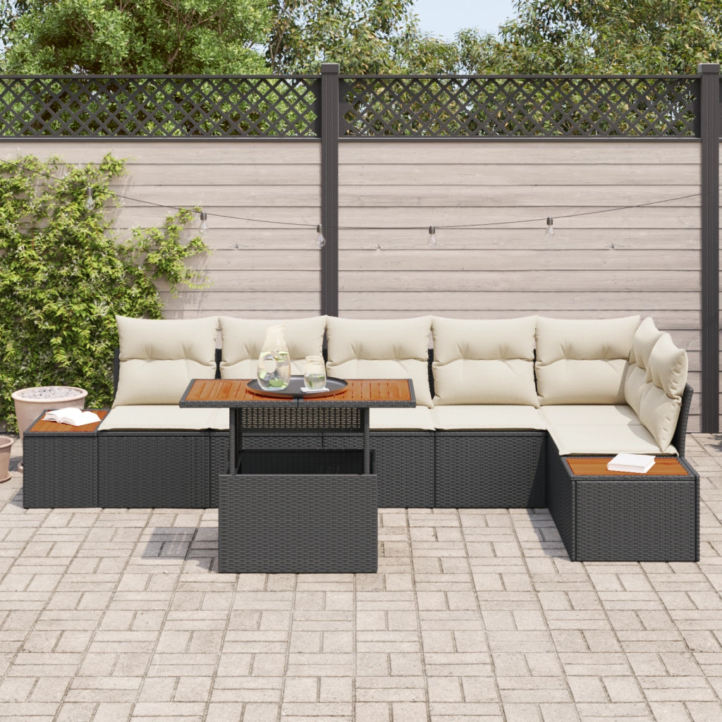 Set da pranzo da giardino 7 pezzi con cuscini in polyrattan nero e acacia