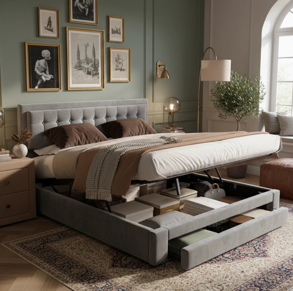 Letto matrimoniale imbottito con contenitore e cassetti; testiera regolabile; 180x200 cm; grigio in velluto