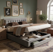 Letto matrimoniale imbottito con contenitore e cassetti; testiera regolabile; 180x200 cm; grigio in velluto