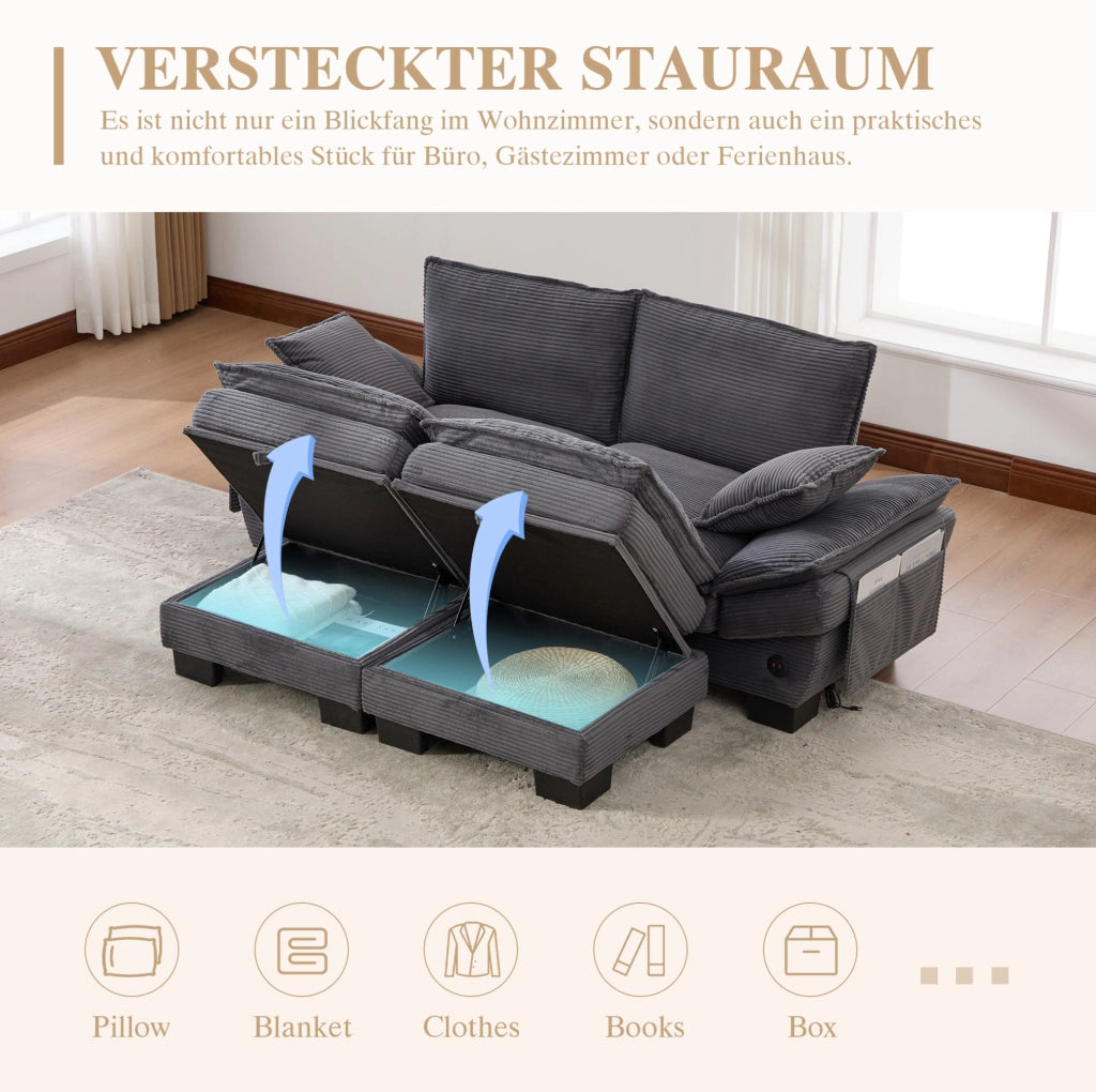 Divano modulare 2 posti con 2 pouf contenitore in tessuto corduroy; 190x132x84 cm; grigio scuro