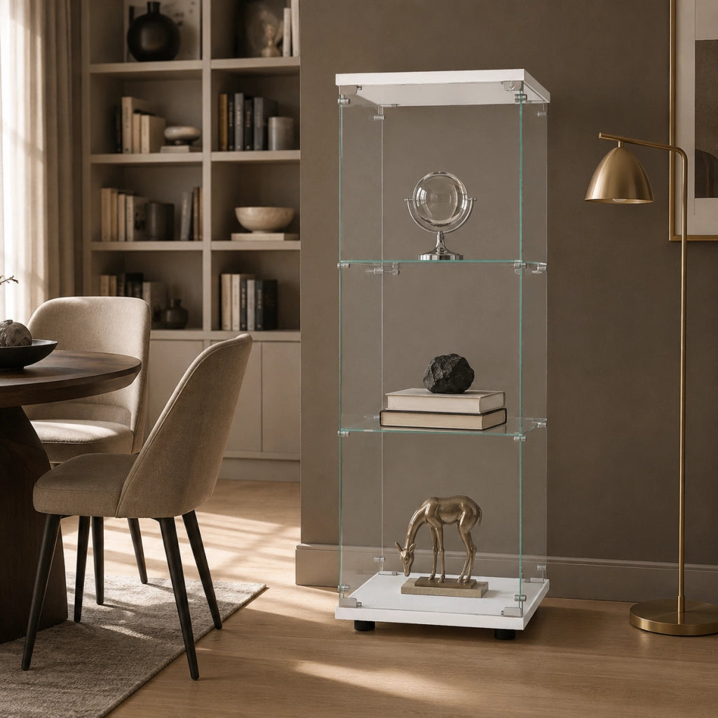 Vetrina espositiva in vetro temperato colore bianco con serratura e chiavi, 42,4x36,3x125,2cm, ripiani regolabili per figurine e collezioni