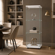 Vetrina espositiva in vetro temperato colore bianco con serratura e chiavi, 42,4x36,3x125,2cm, ripiani regolabili per figurine e collezioni