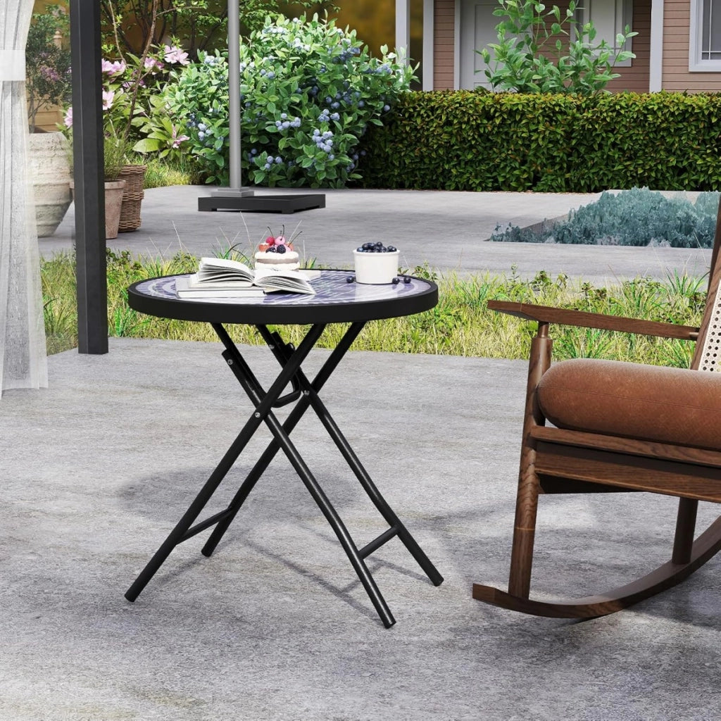 Tavolino pieghevole da 46 cm-Tavolino rotondo compatto da patio piano in vetro temperato Grigio