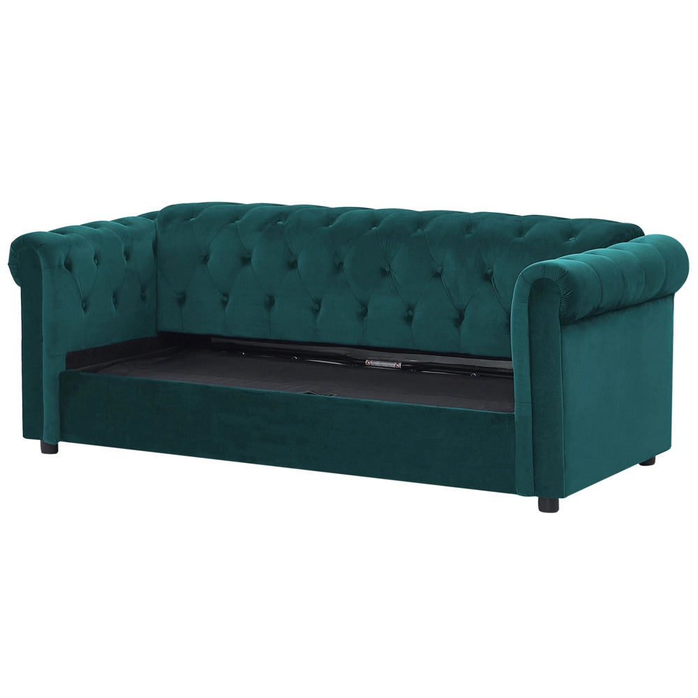 Divano Letto Chesterfield Tessuto Velluto Verde Rivestimento Gambe In Legno Scuro 3 Posti Con Cuscini Materasso Contemporaneo