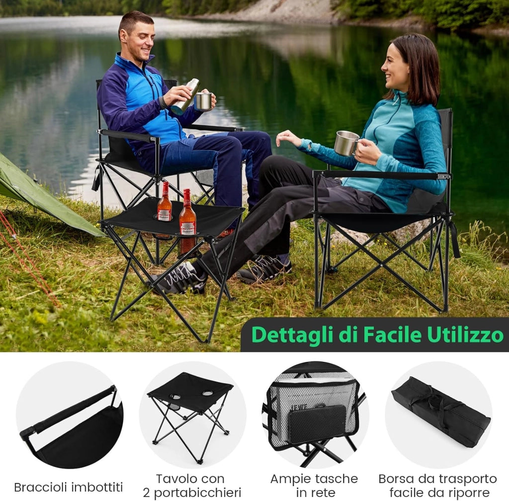 Set di 3 Sedie da Campeggio Pieghevoli, Sedia da Giardino Portatile e Tavolino con 2 Portabicchieri, Tasche Portaoggetti, per Pesca, Escursioni, Picnic