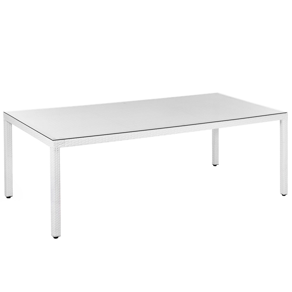 Tavolo da pranzo da giardino piano in vetro temperato rattan sintetico bianco 220 x 100 cm rettangolare a 8 posti