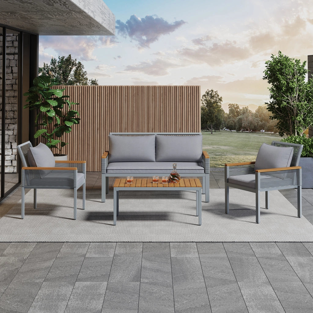 Set Divano da Giardino con Cuscini, 2 Poltrone e Tavolino ¨C MINIMAL ¨C Polyrattan, Grigio