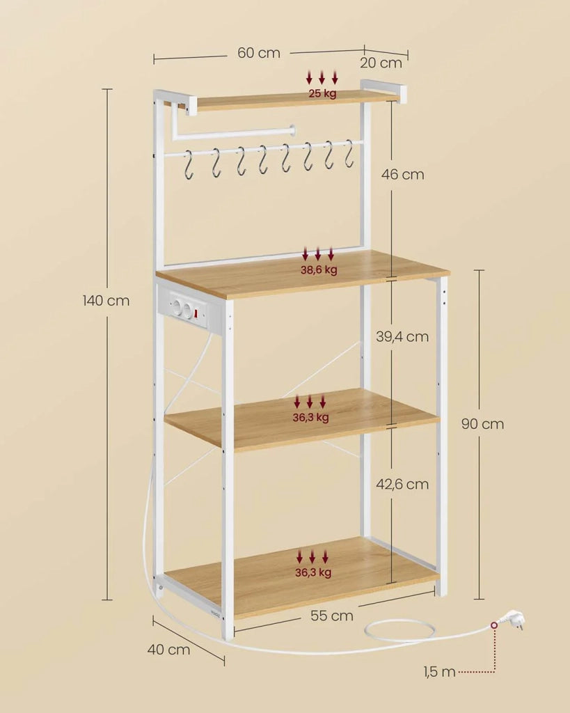 Mensola da cucina con multipresa bancone da caffè a 4 ripiani con ripiano regolabile supporto per microonde portarotolo di carta 40 x 60 x 140 cm marrone rustico e nero inchiostro 12_0005660