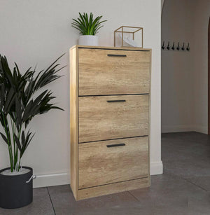 Scarpiera Salvaspazio 3 Ante a Ribalta 60x24x120h cm in Melaminico Venato a Rilievo Rovere