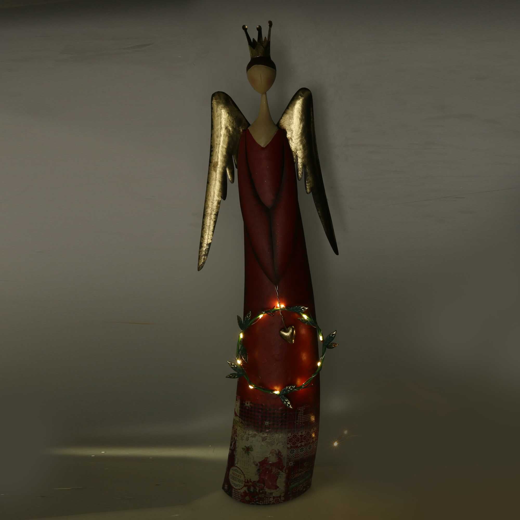 Angelo metallo con ghirlanda rosso con led cm 26,7x12xh81,3