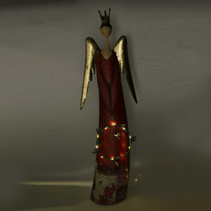 Angelo metallo con ghirlanda rosso con led cm 26,7x12xh81,3