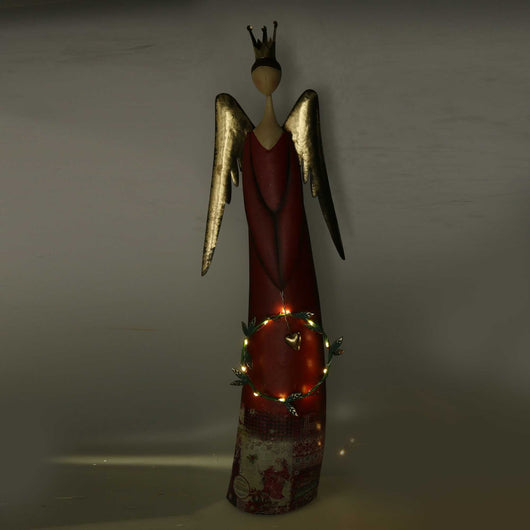 Angelo metallo con ghirlanda rosso con led cm 26,7x12xh81,3