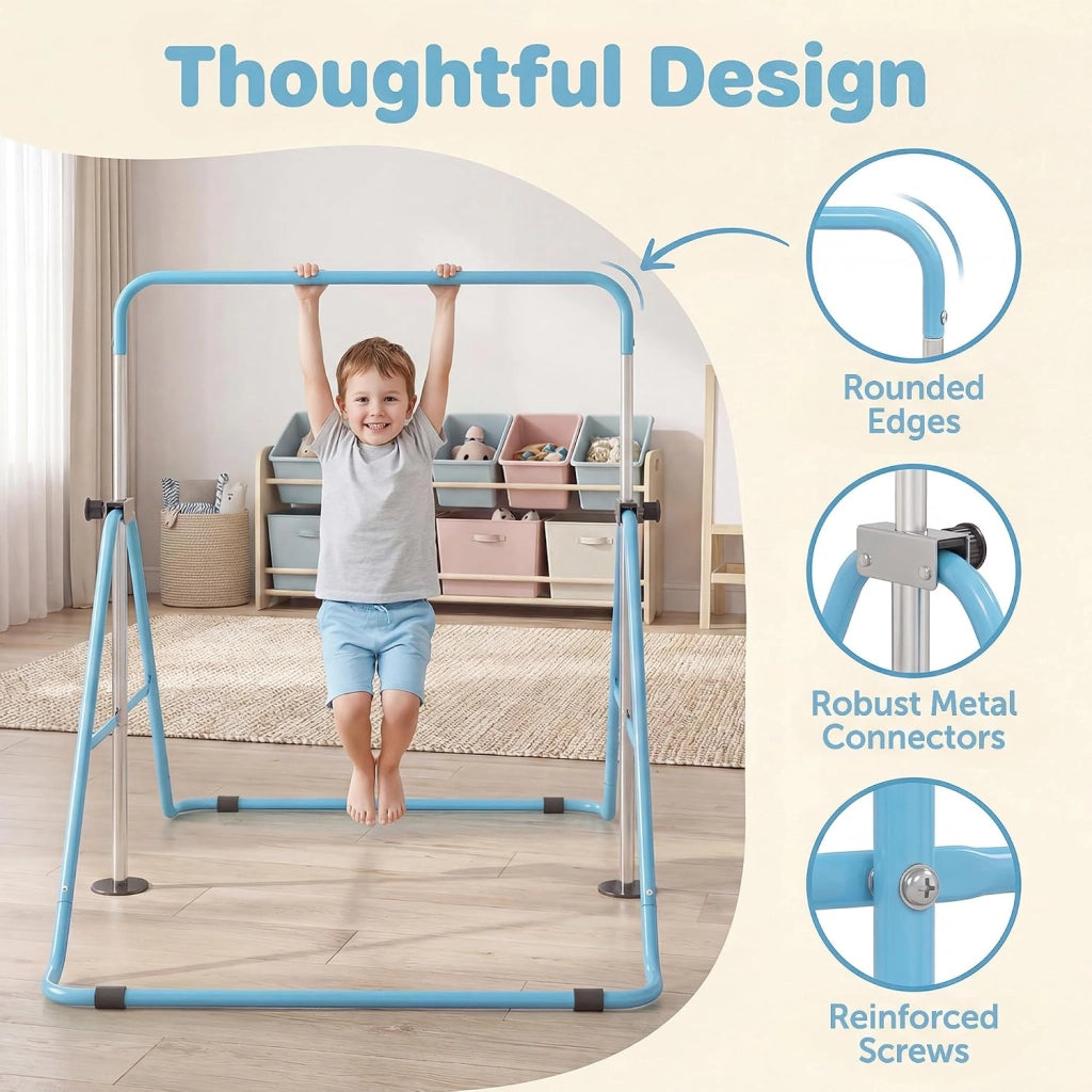 KOMFOTTEU Barra da ginnastica pieghevole per bambini, barra orizzontale con altezza regolabile in 5 livelli da 90 a 130 cm, carico di 70 kg, attrezzatura portatile per allenamento per interni esterni