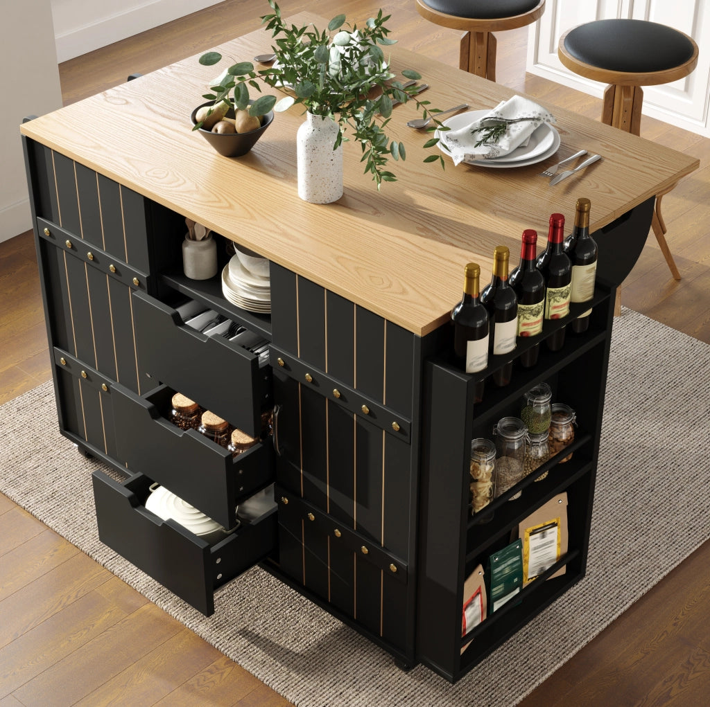 Isola da cucina 110x42x90 cm con piano ribaltabile e ante scorrevoli in MDF nera