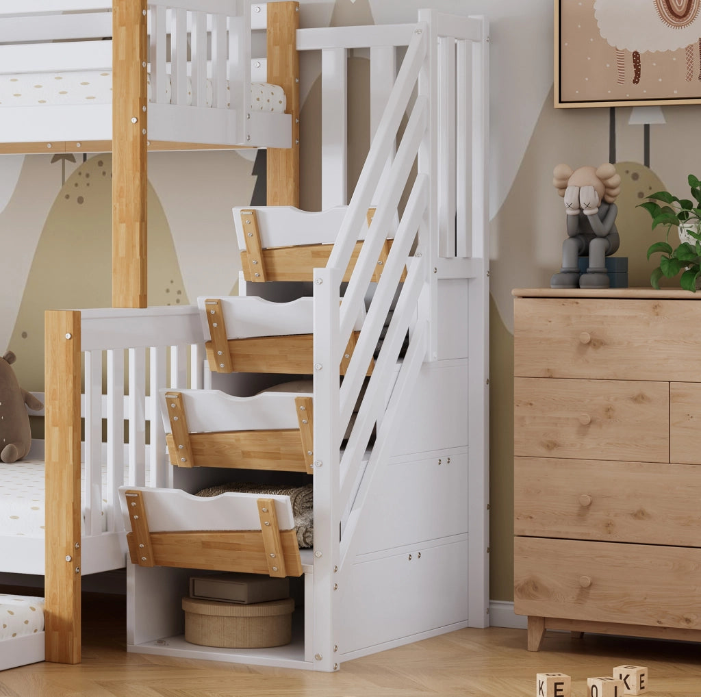 Letto a castello per bambini con letto estraibile; scala contenitore e sponde; 120x200 cm; bianco e naturale