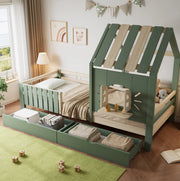 Letto a casetta 90x200 cm verde e naturale in pino e MDF; 2 cassetti