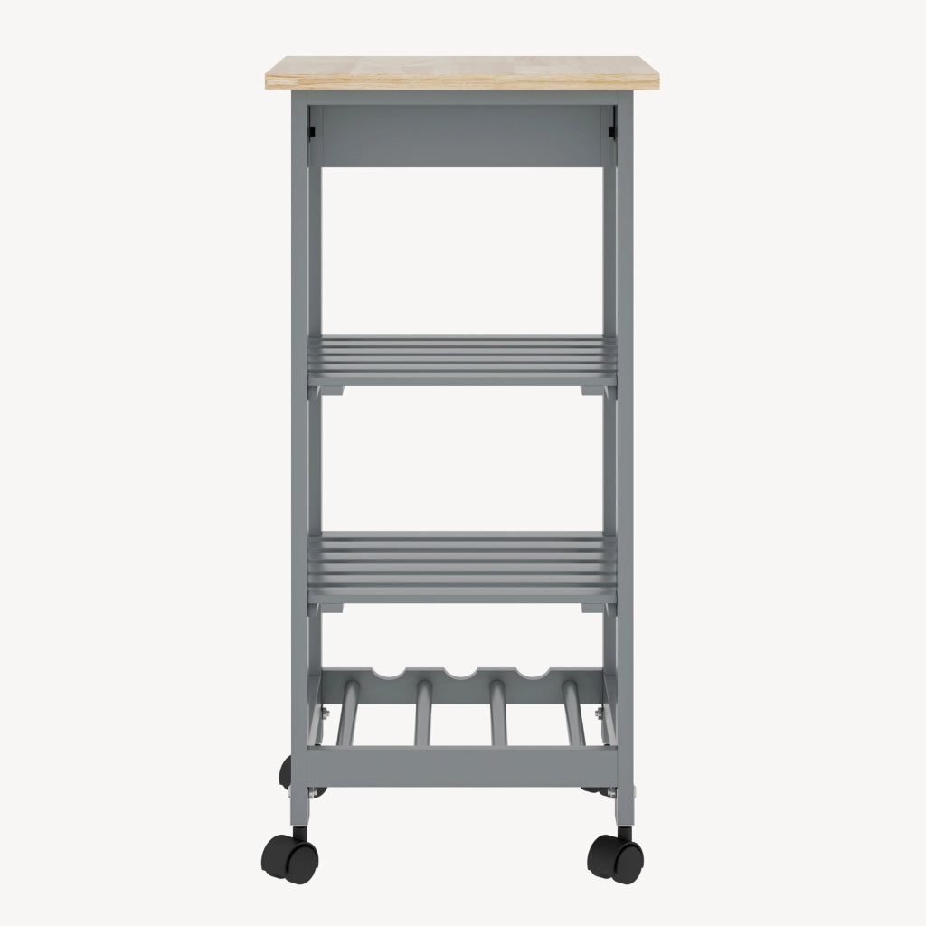 Carrello Portaoggetti Biel con Cassetto 3 Ripiani e Griglia Portabottiglie 76x37x37 cm - Grigio Scuro / Effetto Legno [en.casa]