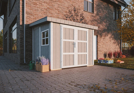 Casetta da giardino di qualità PREMIUM 5,9 mq - H231x248x294 cm - Senza pavimento e parete laterale - Timbela M938B-TUNDRA GREY