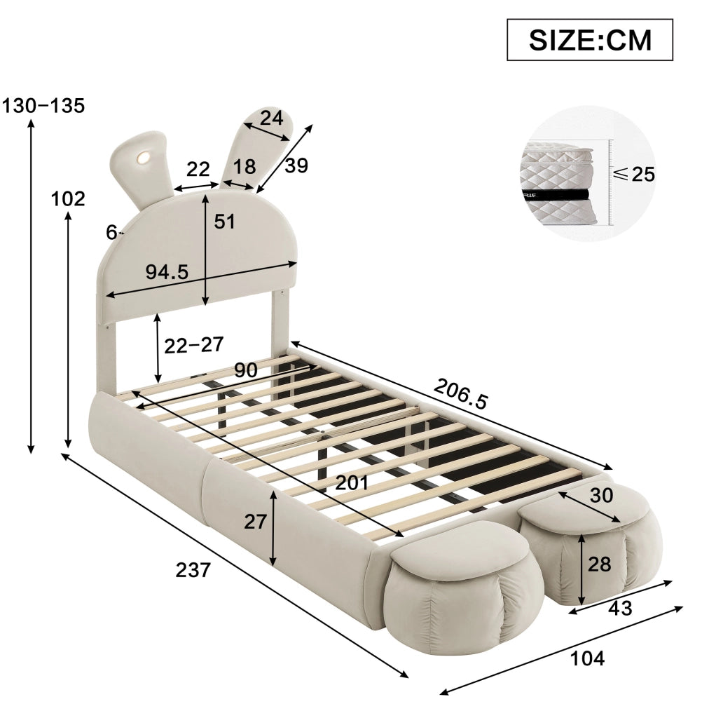 Letto singolo imbottito con orecchie di coniglio e LED 90x200 cm
