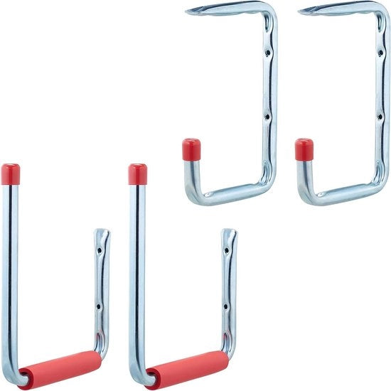Set di 4 ganci per parete - 2 dimensioni - fino a 15 kg - ganci da appeso per officina - ganci per garage - scala - argento-rosso