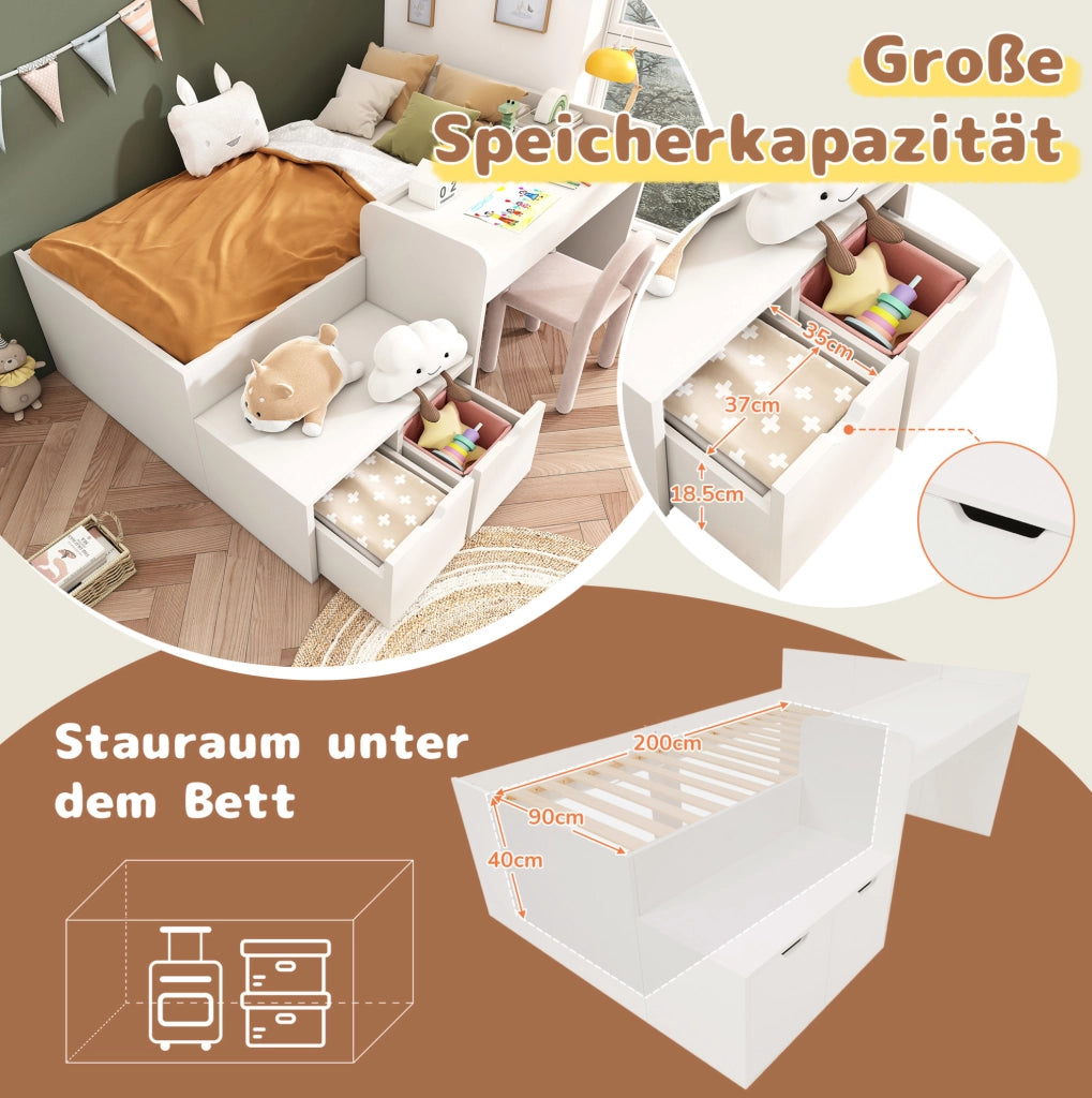 Letto singolo per bambini 90x200 cm con scrivania e cassetti