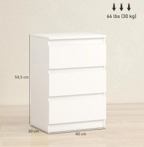 Set di 2 comodini bianchi con 3 cassetti, 40 x 30 x 59,5 cm