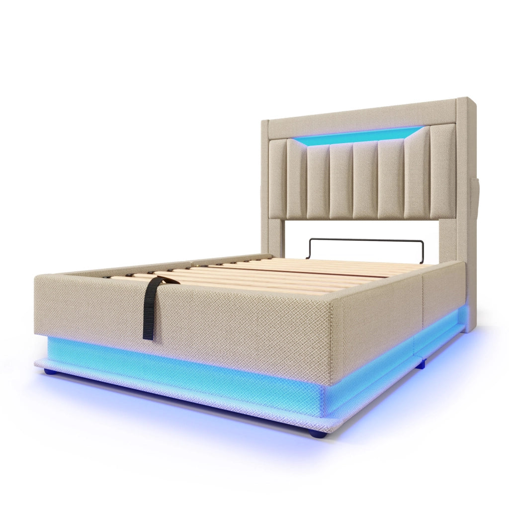 Letto singolo 90x200 cm con contenitore; LED; porte USB e Type-C; beige in lino con materasso