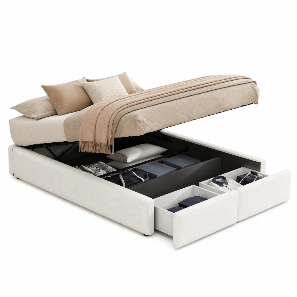 Letto imbottito 140x200 cm senza testiera con contenitore idraulico; 2 cassetti; bianco