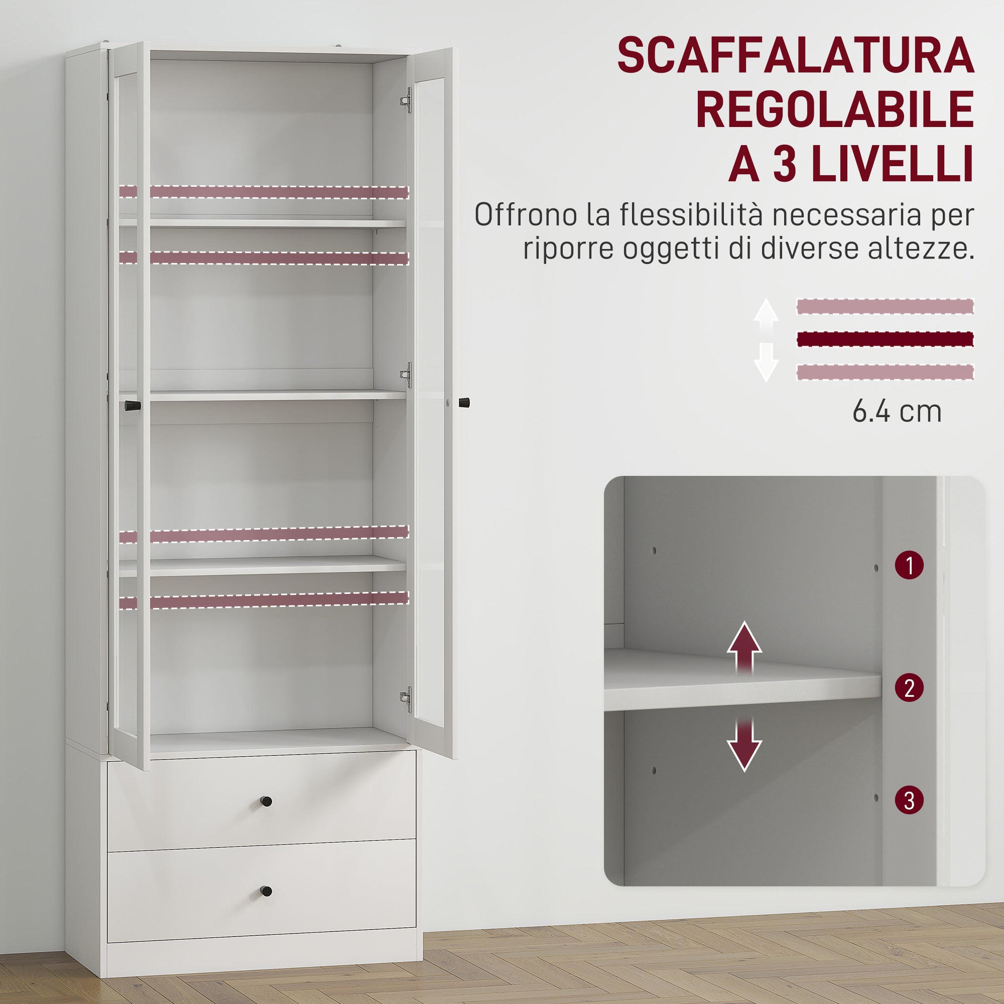 Credenza Cucina 59x30x164 cm Ante in Vetro e 2 Cassetti Bianco