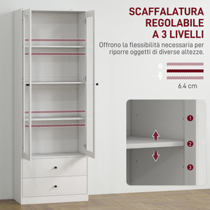Credenza Cucina 59x30x164 cm Ante in Vetro e 2 Cassetti Bianco