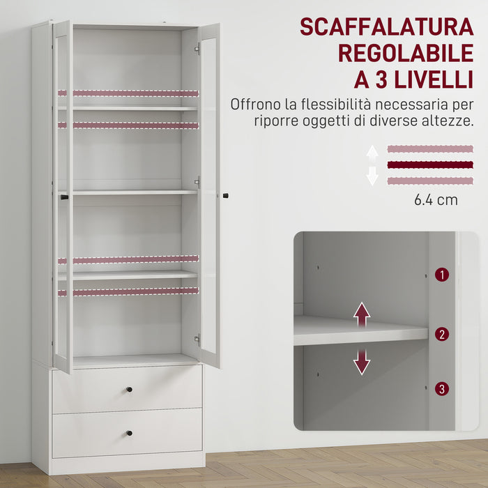 Credenza Cucina 59x30x164 cm Ante in Vetro e 2 Cassetti Bianco