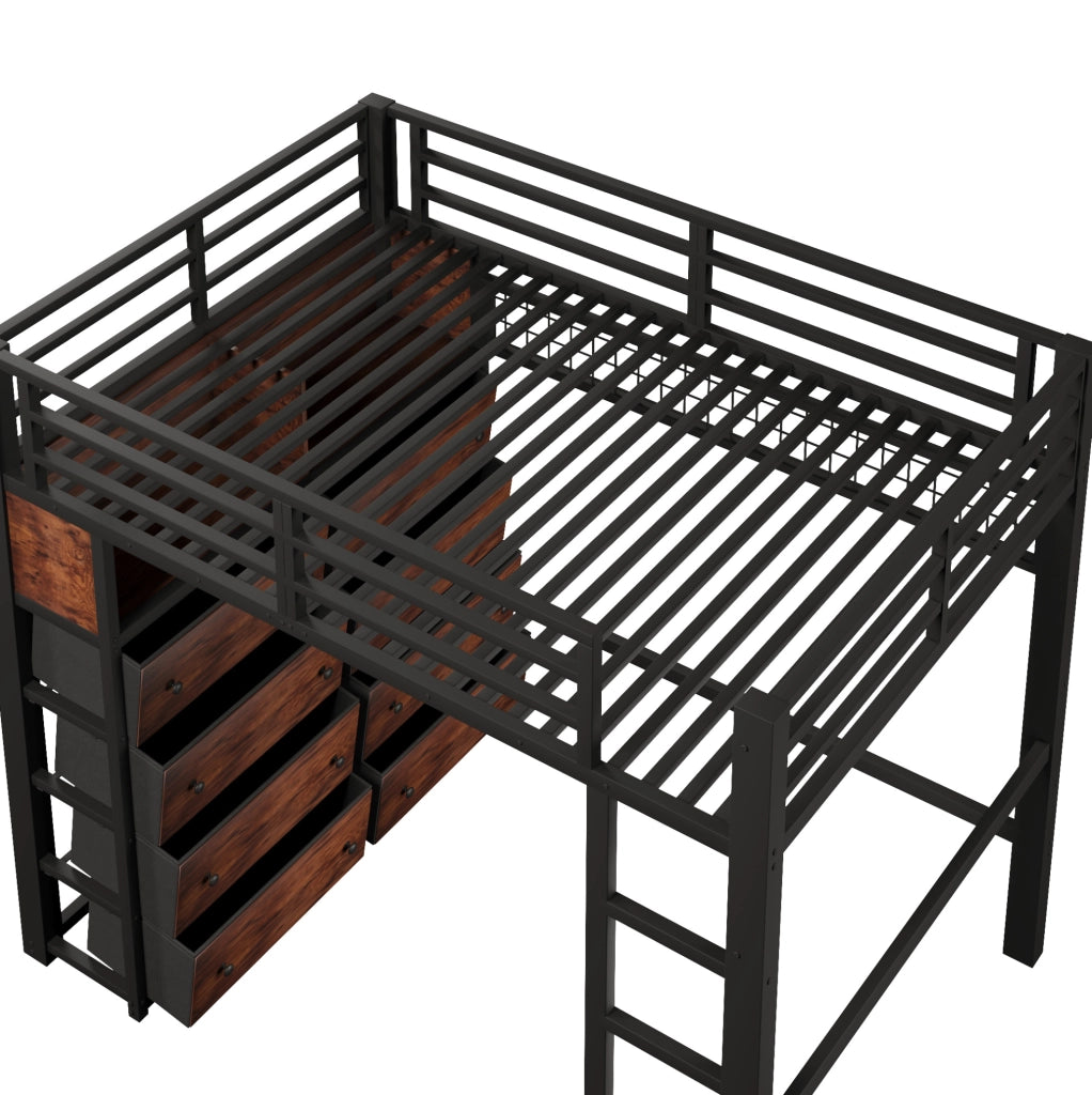 Letto a soppalco 140x200 cm con 8 cassetti; illuminazione LED; metallo e MDF; nero