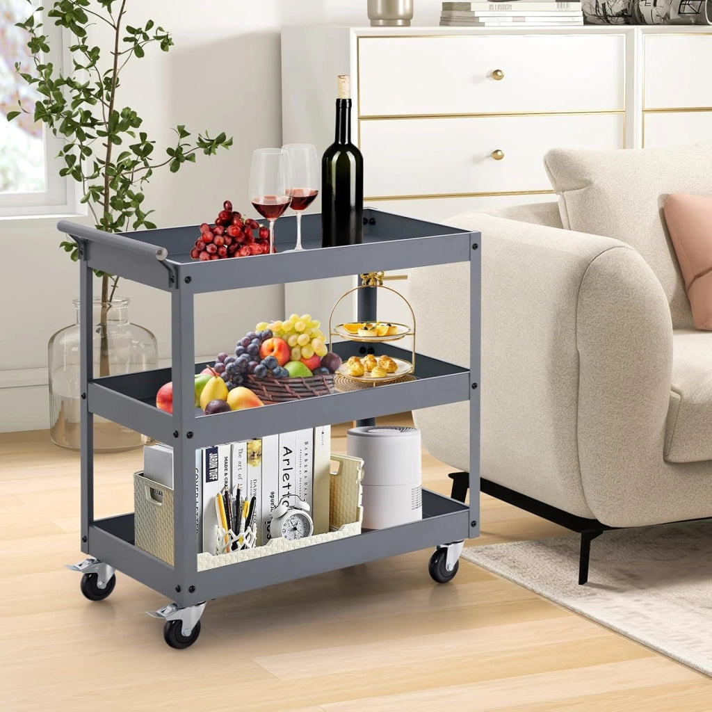 Carrello da Cucina con 3 Livelli, Carrellino Multifunzionale con Ruote Flessibili, Carrello di Servizio Resistente con Maniglia Comoda, Ideale per Ufficio Garage Magazzino Biblioteca (Grigio)