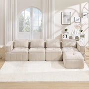 Divano modulare angolare a L 4 posti con pouf; seduta profonda in poliestere beige 344x162x67 cm