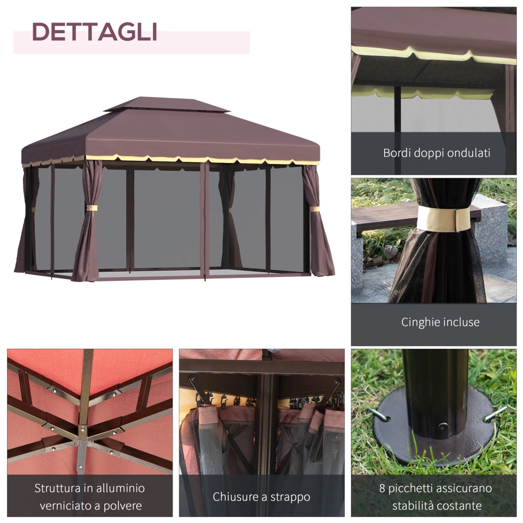 Gazebo da Giardino con Doppio Tetto e Zanzariera in Poliestere Caffè 2.9x3.9m