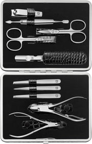 Set di manicure a 10 pezzi in acciaio inox classico - Nero con cassetta in pelle nera