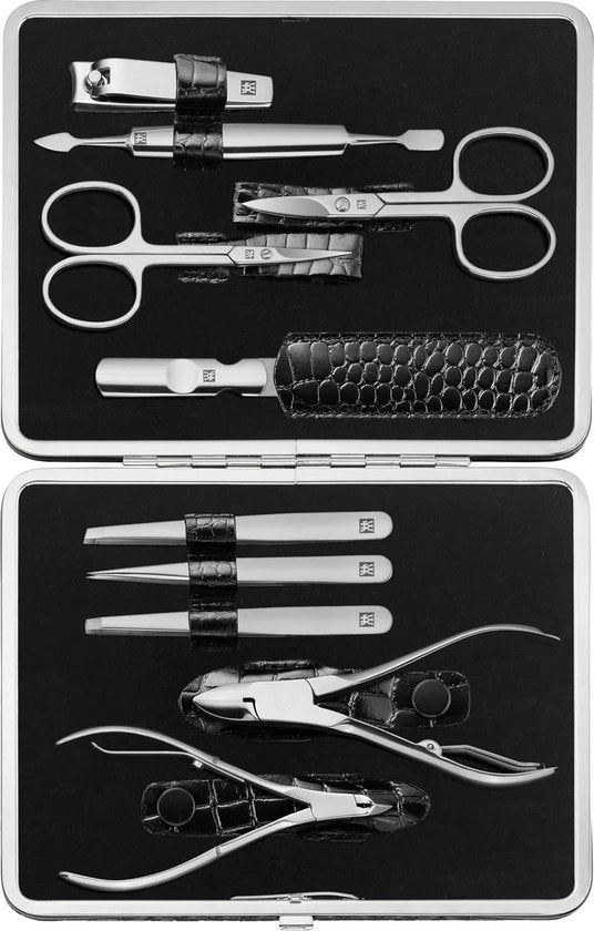Set di manicure a 10 pezzi in acciaio inox classico - Nero con cassetta in pelle nera