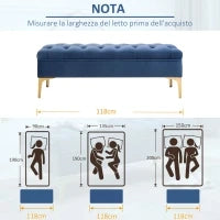 Panca Imbottita Fondoletto in Tessuto Vellutato e Base in Metallo Dorato, 118x45x42 cm, Blu