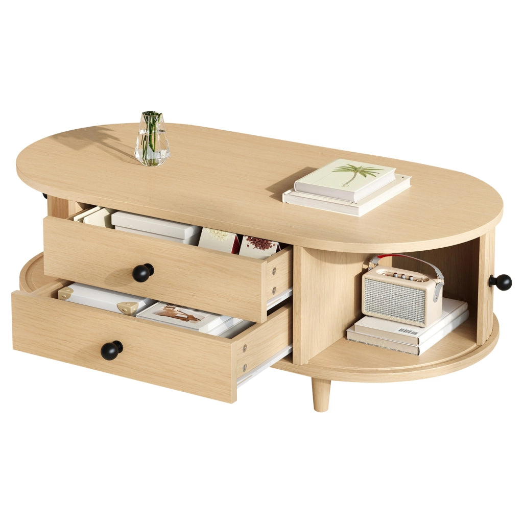 Tavolino da salotto rotondo in effetto legno chiaro con 2 cassetti e ante scorrevoli, 100¡Á50¡Á36 cm, portata fino a 50 kg