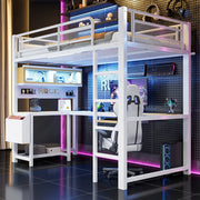 DESMIU Lit mezzanine 90 × 200 cm con scrivania, ripiani, LED, prese e USB, senza materasso, bianco
