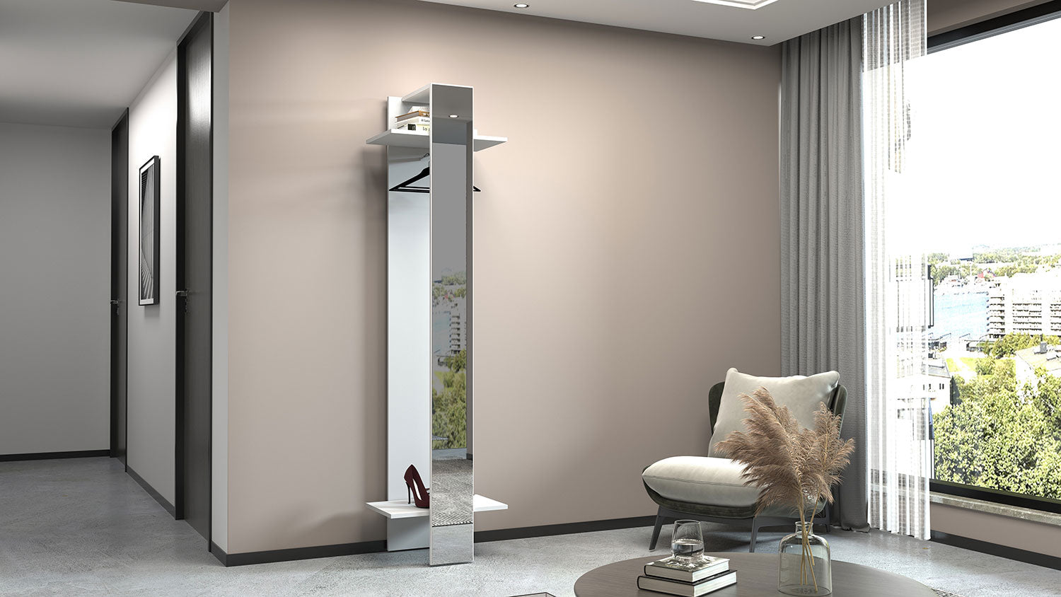 Mobile Appendiabiti con Specchio 50x32x191 cm Kompact Bianco Lucido