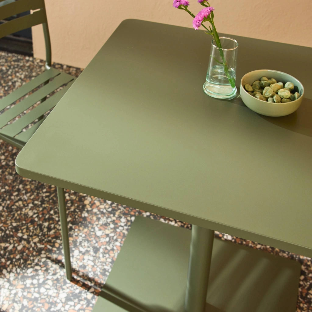 Set tavolo da giardino quadrato in acciaio con 2 sedie, verde kaki