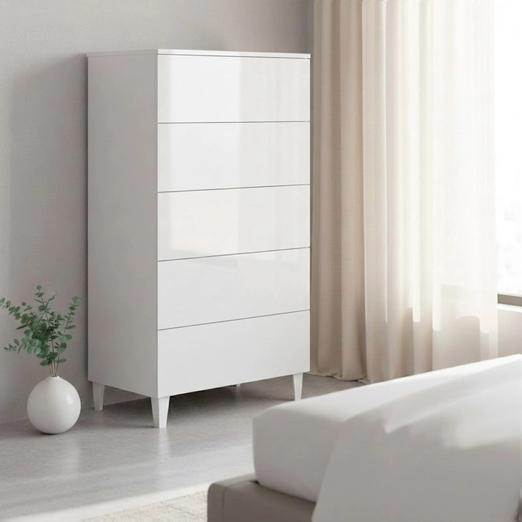 Cassettiera Settimino Con 5 Cassetti Stile Moderno Con Piedini E Struttura Compatta In Melaminico Antigraffio Per Camera Da Letto 60 X 40 X 117 Cm Bianco Lucido