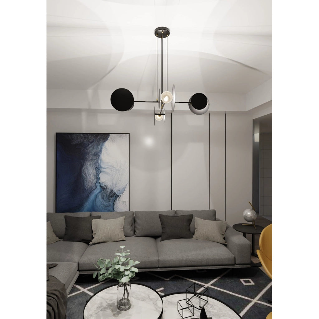 Lampada a sospensione Idea con cerchi geometrici in acciaio nero opaco