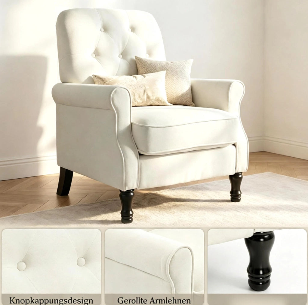 Poltrona lounge in tessuto effetto lino crema con molle