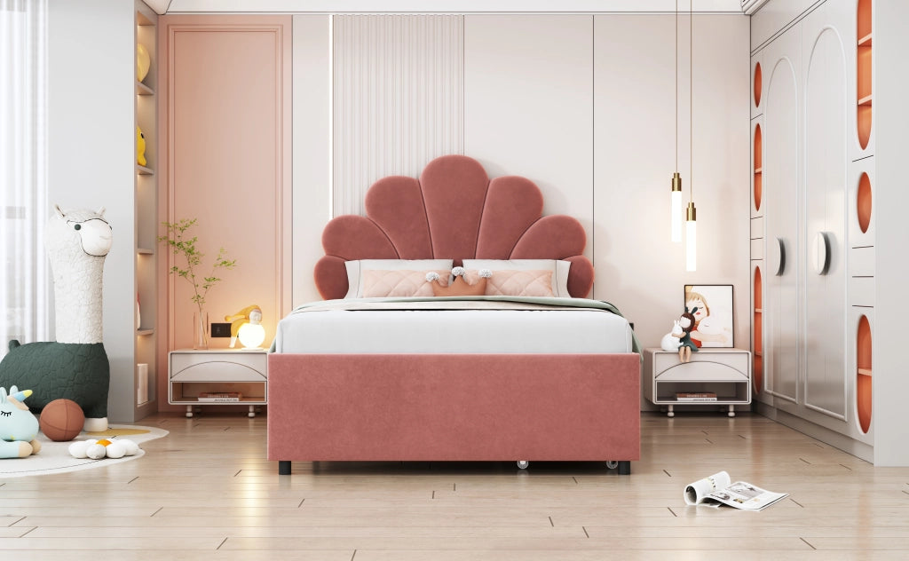 DESMIU Letto per Bambini 90 × 200 cm 1 Posto con 2 Cassetti e Testiera Floreale, senza materasso, Rosa