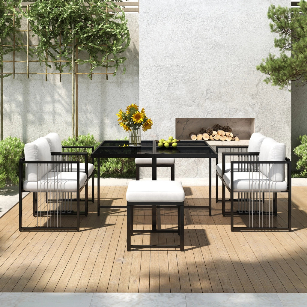 Set da pranzo da esterno 7 pezzi con tavolo quadrato 117x117 cm; vetro temperato nero; bianco e nero