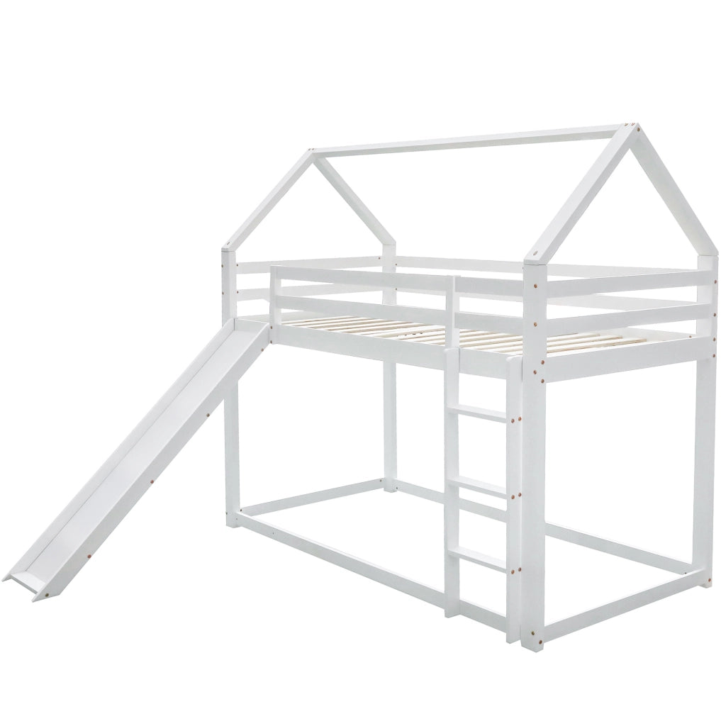 Letto a castello 90x200 cm a forma di casa con scivolo e scala in legno bianco