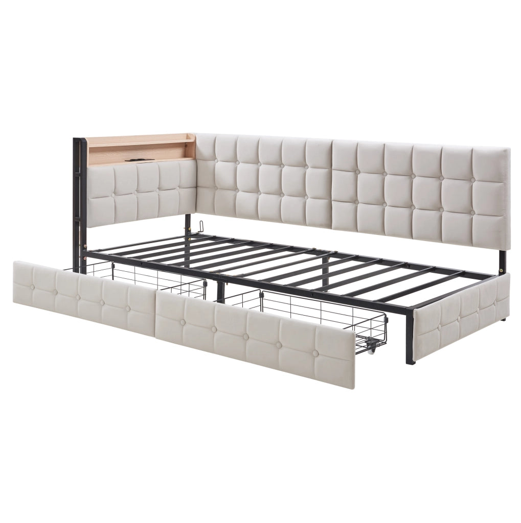 Divano letto imbottito 90x200 cm beige con 2 cassetti; LED; USB e porta Type-C