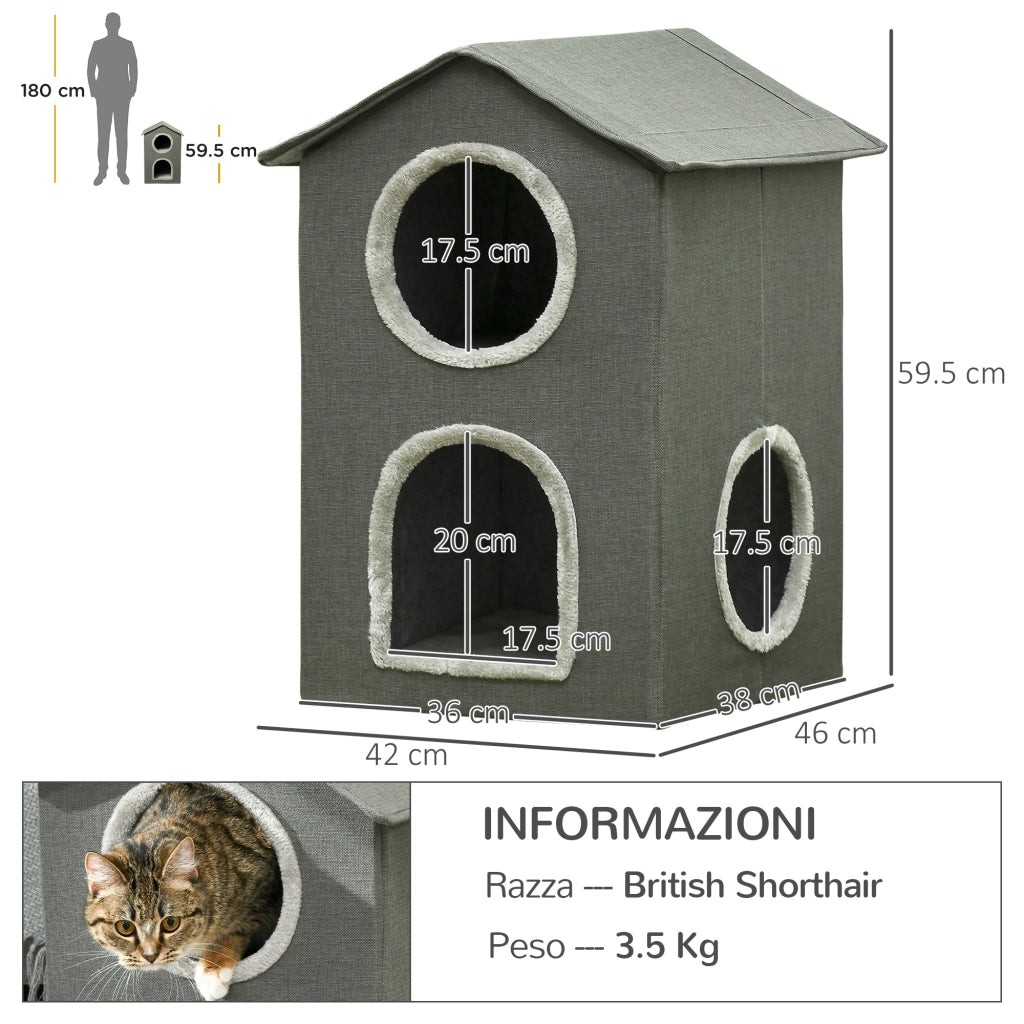 EasyComfort Casetta per Gatti a Due Livelli con Cuscini Lavabili 3 entrate, 42x46x59.5 cm, Grigio